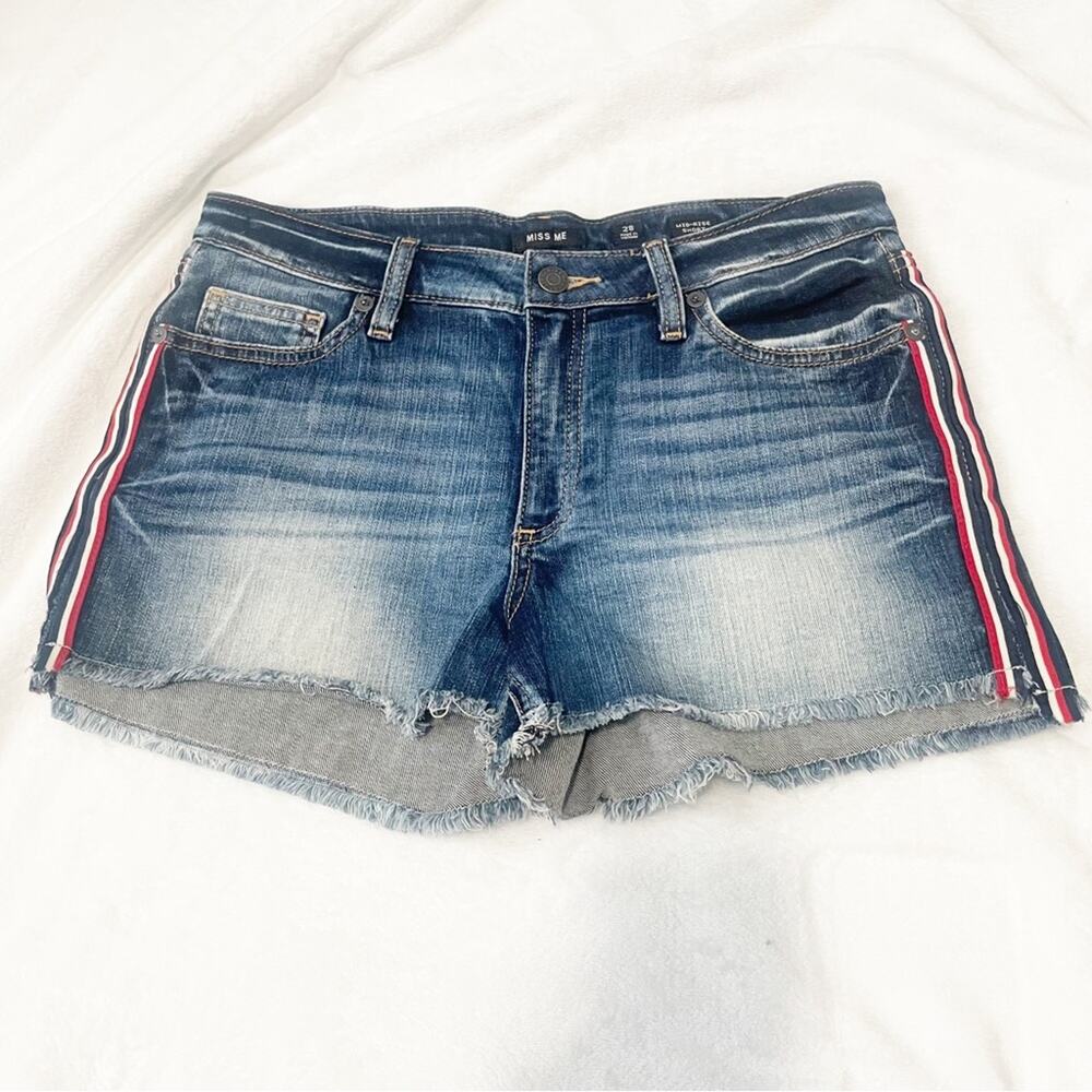 Miss Me mid rise jean shorts striped blue denim size 28